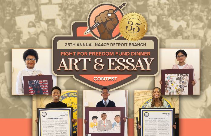  Students holding up past winning essays and art work.
